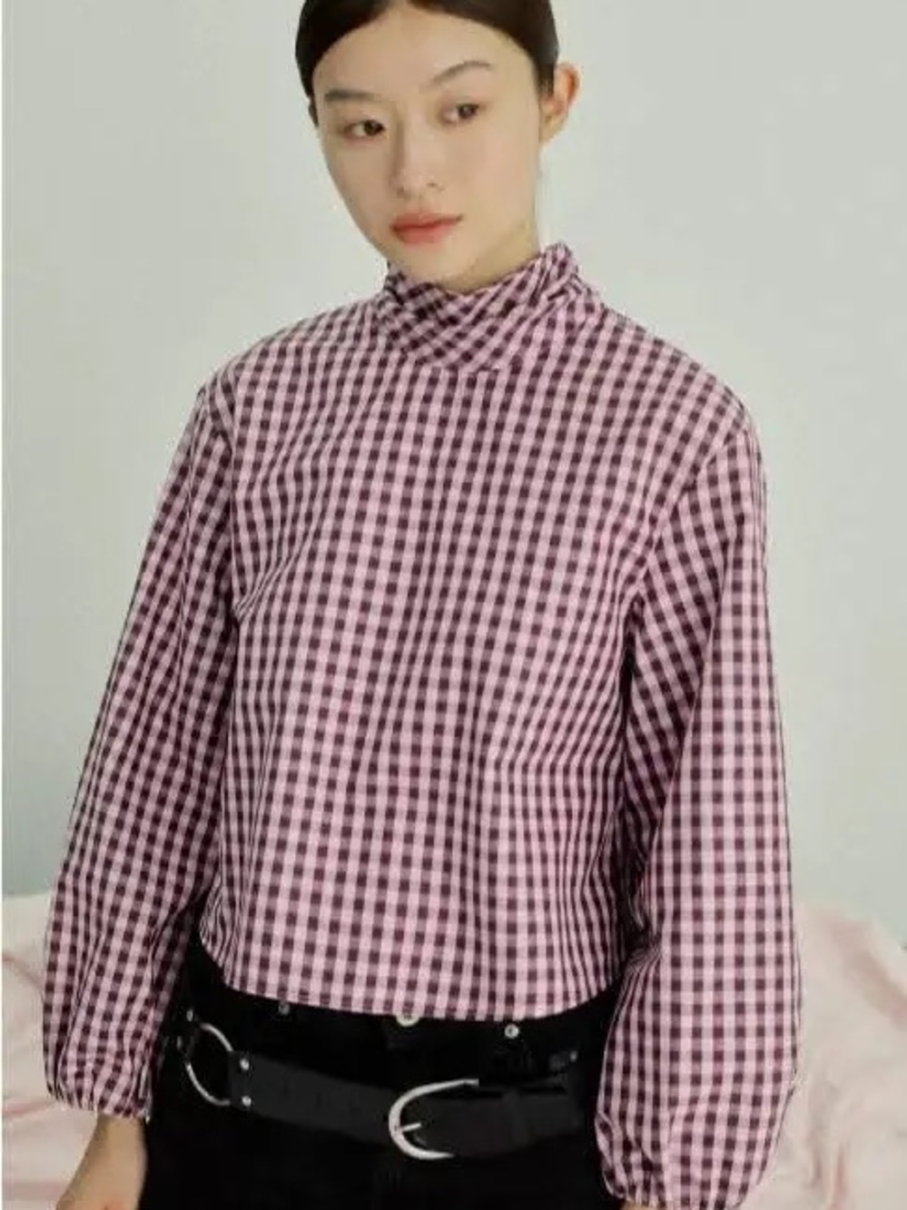 Zara Pink Gingham Mock-Neck Blouse